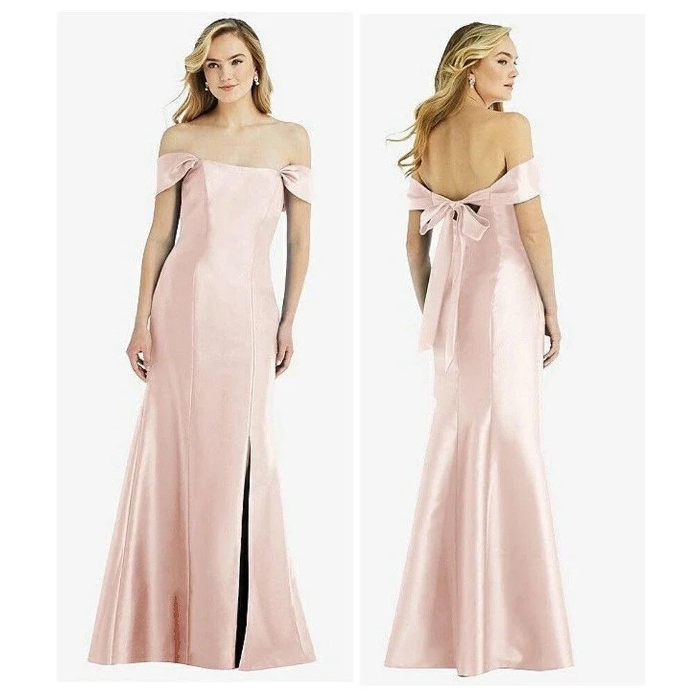 Alfred Sung Off-the-Shoulder Bow Back Satin Trumpet Gown Blush Satin Size 6 D793 - Picture 1 of 11